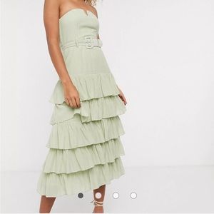 & Other Stories Pale Green Strapless Ruffle Midi Dress